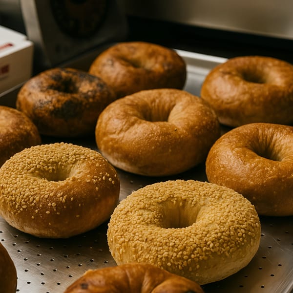 Freshly baked bagels, some plain and some sesame, arranged on a metal tray.