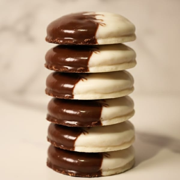 A tall stack of five Nana's Bagel black and white cookies with chocolate and vanilla frosting.