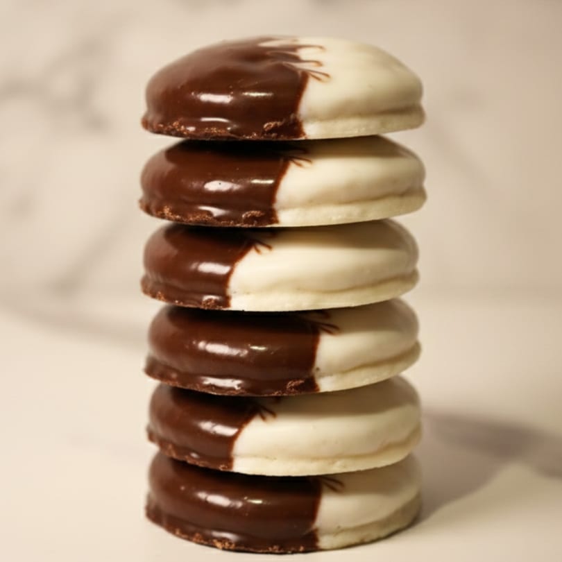 A tall stack of five Nana's Bagel black and white cookies with chocolate and vanilla icing.